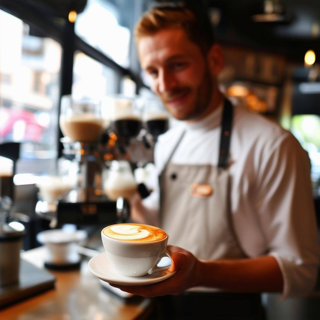 barista serves perfect cappuccino