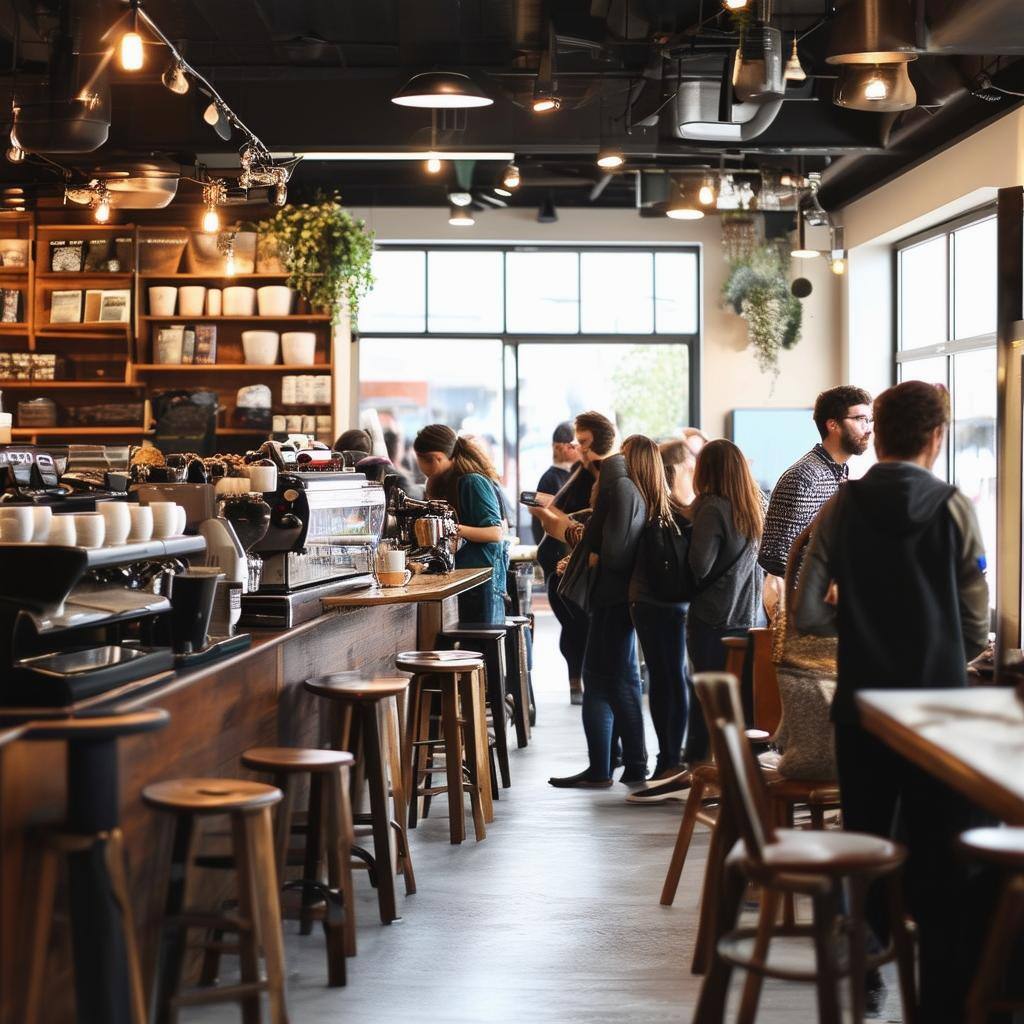 coffee shop with many customers queing up